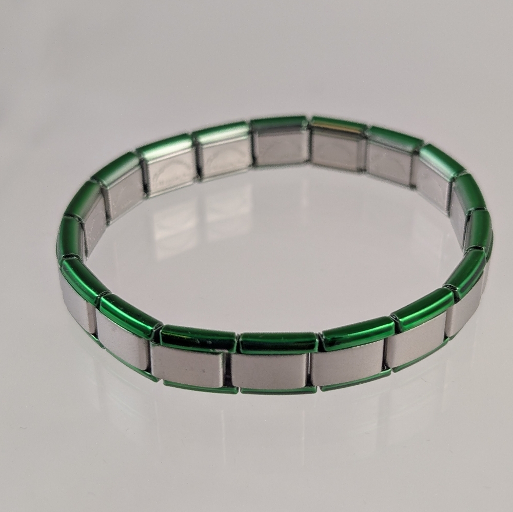 STAINLESS STEEL ITALIAN CHARM BRACELET/9MM/ BRUSHED SILVER w/ GREEN TRIM/ B…